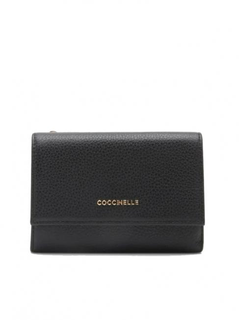 COCCINELLE METALLIC SOFT Bifold-Brieftasche aus gehämmertem Leder Schwarz - Brieftaschen Damen