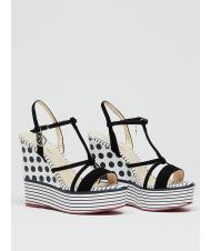 MANILA GRACE Zeppa a pois e righemitfasce in Haut Keilabsatz mit Polka-Dots und Streifen sowie Lederb&auml;ndern wei&szlig; schwarz - Damenschuhe - 1