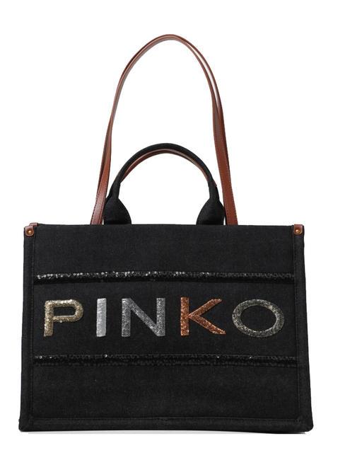 PINKO LOGO PAILLETETS Jeanstasche mit Doppelgriff schwarz-antikgoldener Denim - Damentaschen