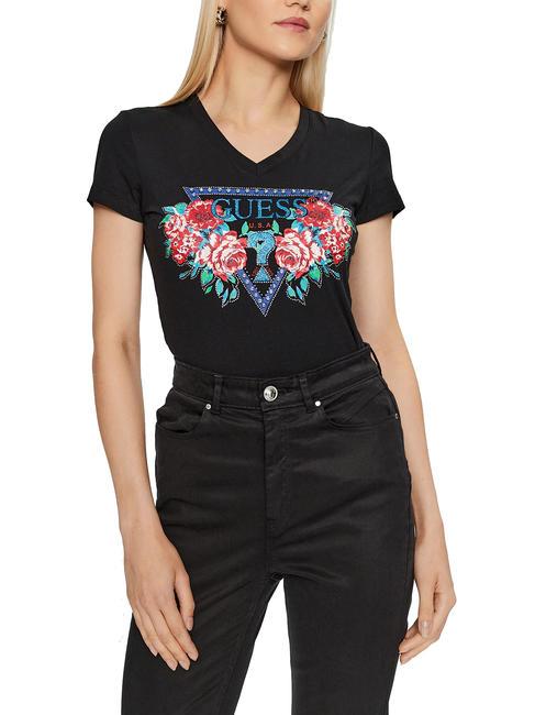 GUESS ROSES TRIANGLE T-Shirt mit Rosendruck jetbla - T-Shirts und Tops für Damen