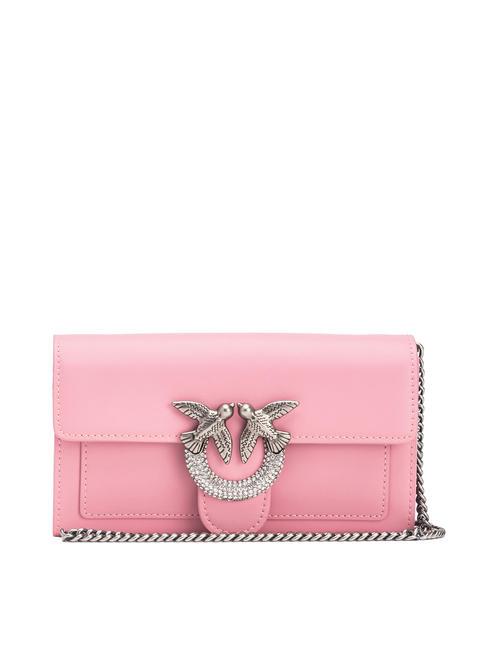 PINKO LOVE ONE Clutch-Geldbörse aus Leder mit Strasssteinen Rosa – Rouge-Altsilber - Damentaschen
