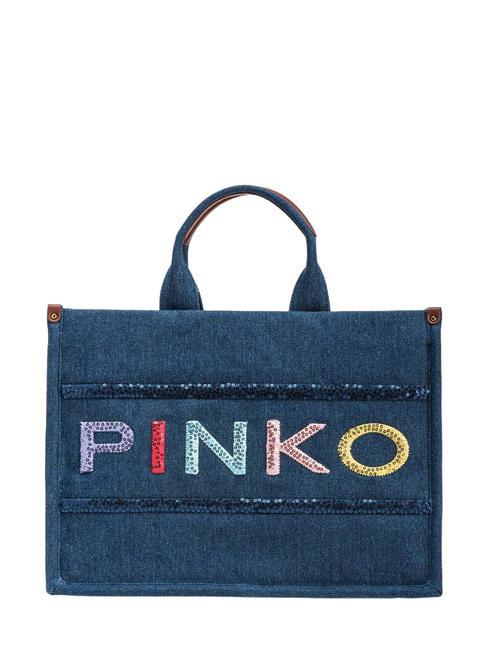 PINKO LOGO PAILLETETS Jeanstasche mit Doppelgriff blau-antikgoldener Denim - Damentaschen