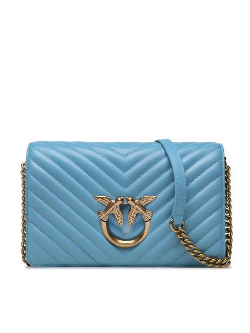 PINKO LOVE CLICK CLASSIC Umhängetasche aus gestepptem Nappaleder Himmelblau-Antikgold - Damentaschen