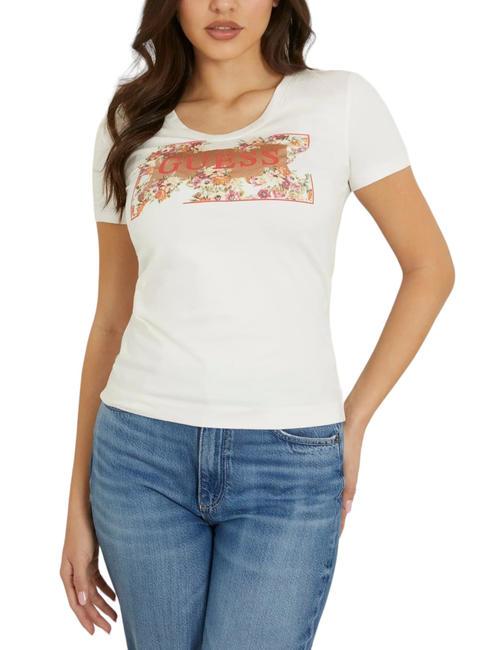 GUESS LOGO FLOWERS T-Shirt aus Stretch-Baumwolle cremwhi - T-Shirts und Tops für Damen