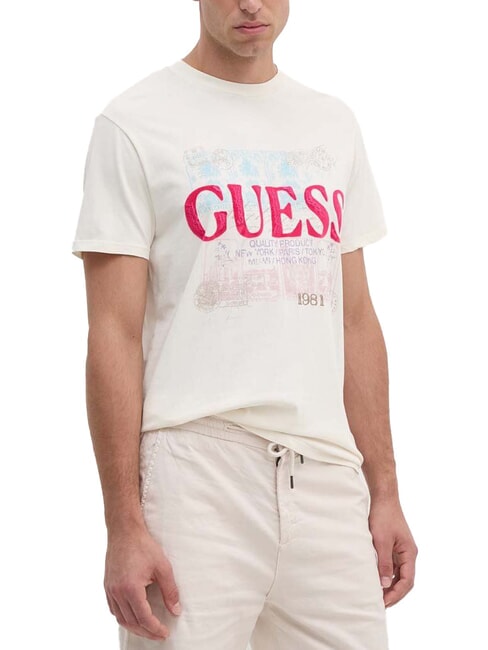 GUESS WORLD STAMPS T-Shirt aus Baumwolle perlweiß multi - Herren-T-Shirts
