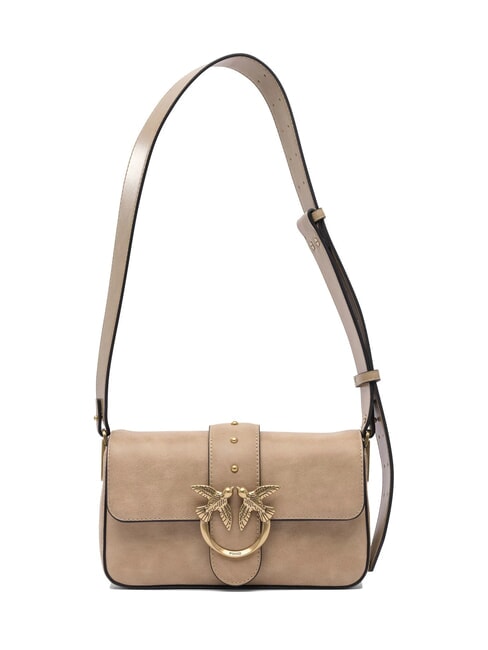PINKO LOVE ONE MINI Mini-Umhängetasche aus Leder Beige-Rauchgrau-Antikgold - Damentaschen