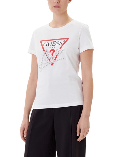 GUESS PEARLS LOVE TRIANGLE T-Shirt mit Print und Applikationen purweiß - T-Shirts und Tops für Damen