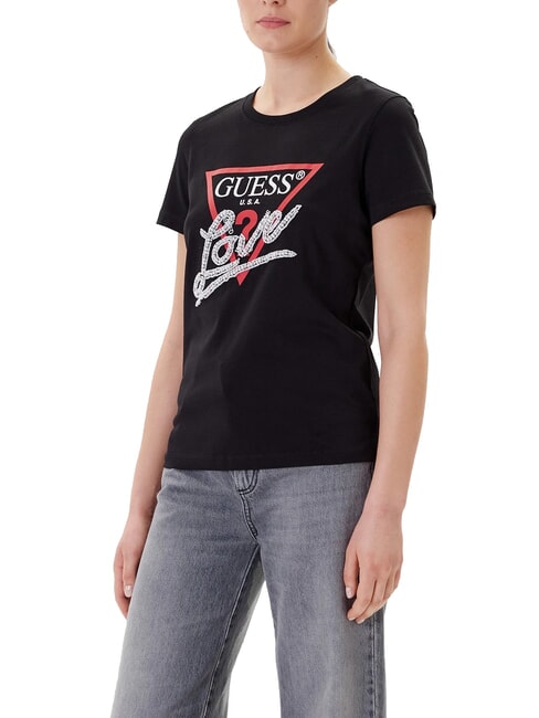 GUESS PEARLS LOVE TRIANGLE T-Shirt mit Print und Applikationen jetbla - T-Shirts und Tops für Damen
