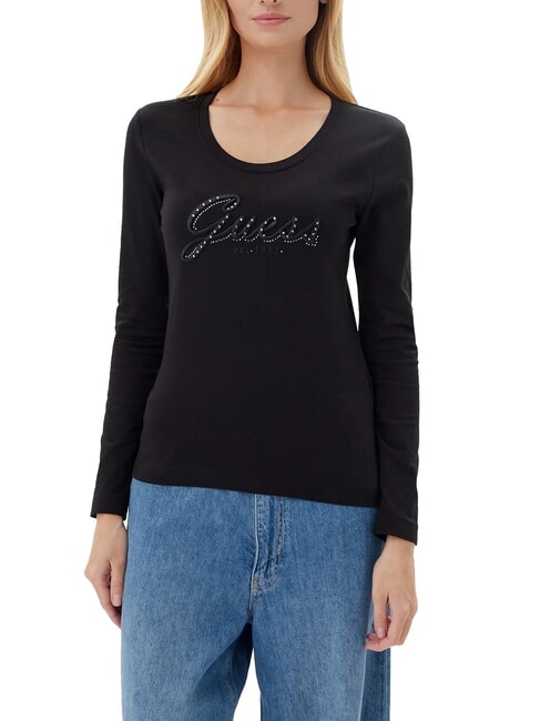 GUESS EMBRO SCRIPT LOGO Langarm-T-Shirt mit Logo und Strass jetbla - T-Shirts und Tops für Damen