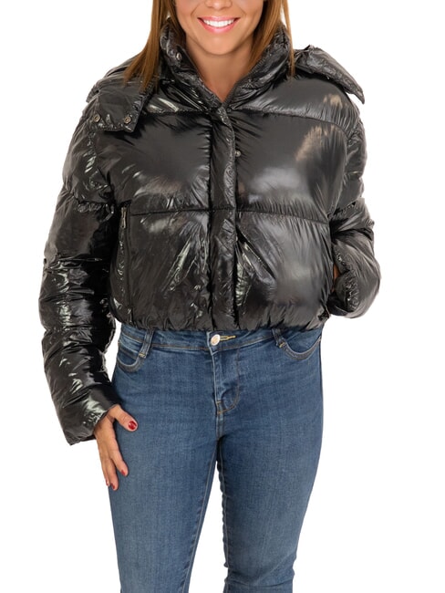 CANADIAN MINGAN Kurze glänzende Daunenjacke mit Kapuze recyceltes glänzendes Schwarz - Daunenjacken für Damen