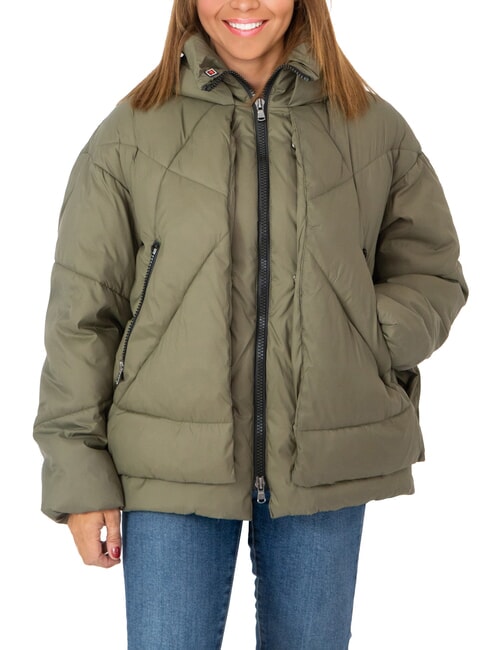 CANADIAN EUGENIE Kurze Satin-Daunenjacke mit Kapuze Olivennacht - Daunenjacken für Damen