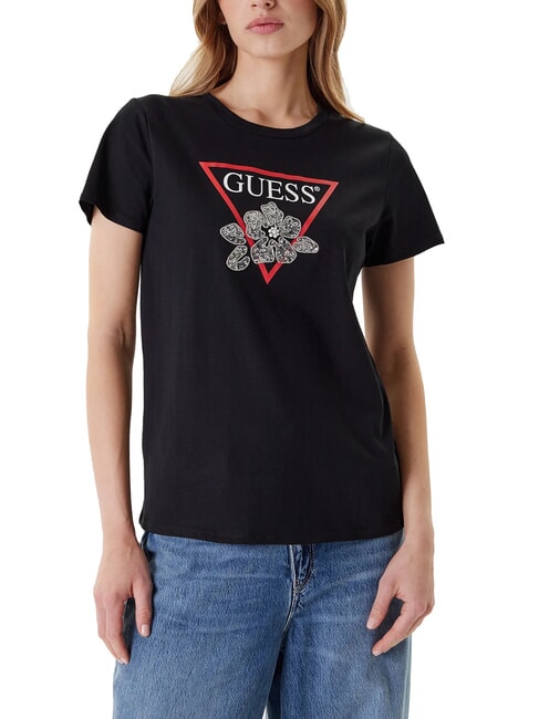 GUESS FLOWER BLING T-Shirt mit Druck und Applikation jetbla - T-Shirts und Tops für Damen