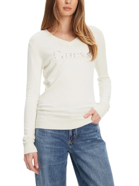 GUESS KENZIE LOGO Pullover mit V-Ausschnitt cremwhi - Damenpullover