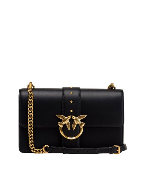 PINKO LOVE ONE CLASSIC Umhängetasche aus Leder mit Überschlag schwarz-antikgold - Damentaschen