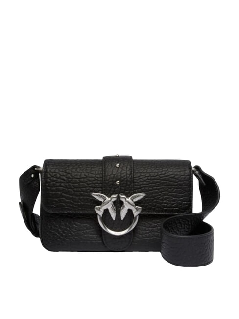 PINKO LOVE ONE SLOUCHY  Mini-Umhängetasche aus Leder schwarze Limousine - mattsilber - Damentaschen