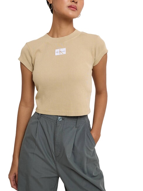 CALVIN KLEIN CK JEANS Kurzärmliges Cropped-T-Shirt blasses Khaki - T-Shirts und Tops für Damen