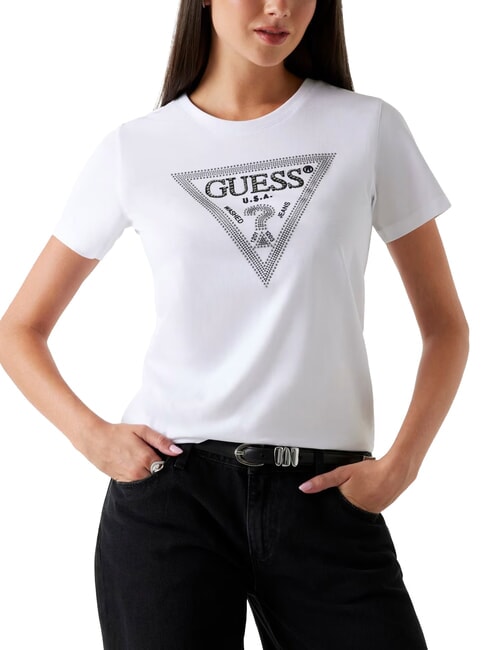 GUESS SS CN KRYSTAL TRIANGLE Kurzarm-T-Shirt mit Nieten und Strass purweiß - T-Shirts und Tops für Damen