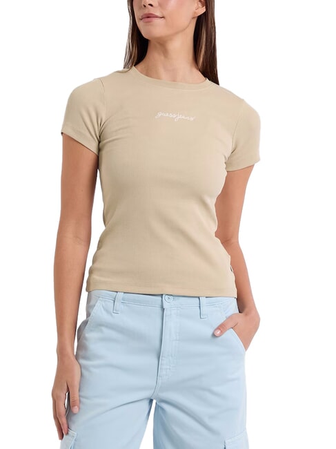 GUESS JEANS EMBRO SLIM Geripptes Kurzarm-T-Shirt Safari-Bräune - T-Shirts und Tops für Damen