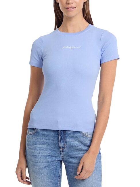 GUESS JEANS EMBRO SLIM Geripptes Kurzarm-T-Shirt frisches Zendy-Blau - T-Shirts und Tops für Damen