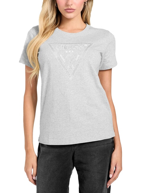 GUESS SS CN KRYSTAL TRIANGLE Kurzarm-T-Shirt mit Nieten und Strass hellmeliert grau m - T-Shirts und Tops für Damen