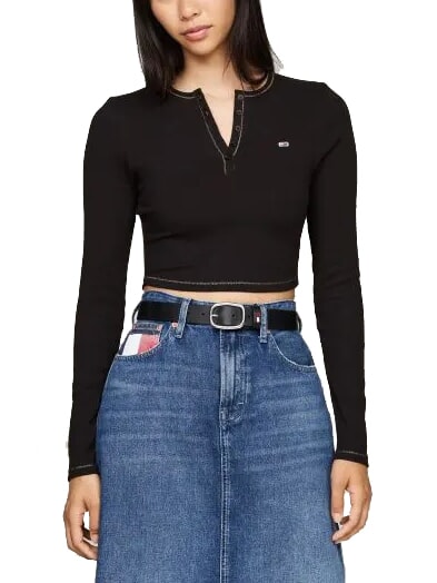 TOMMY HILFIGER TH JEANS Serafino Spitze Schwarz - T-Shirts und Tops für Damen