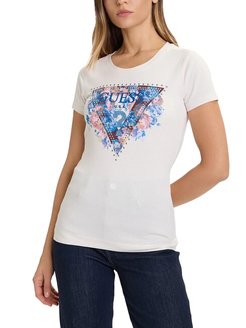 GUESS SS CN PEONY TRIANGLE Kurzarm-T-Shirt mit Aufdruck gedämpfter Stein - T-Shirts und Tops für Damen