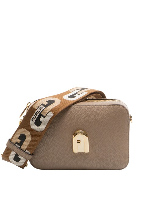 FURLA GARDENIA Kameratasche aus Leder mit Keria-Print Taupe + Cognac-Töne - Damentaschen