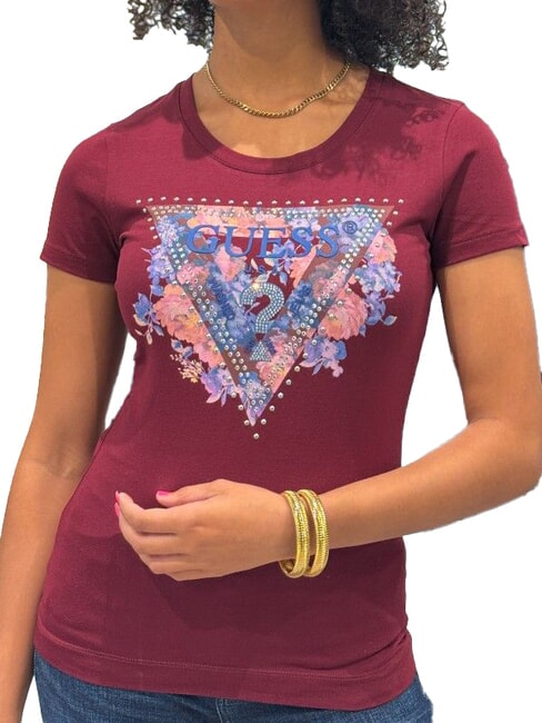 GUESS SS CN PEONY TRIANGLE Kurzarm-T-Shirt mit Aufdruck Wein - T-Shirts und Tops für Damen