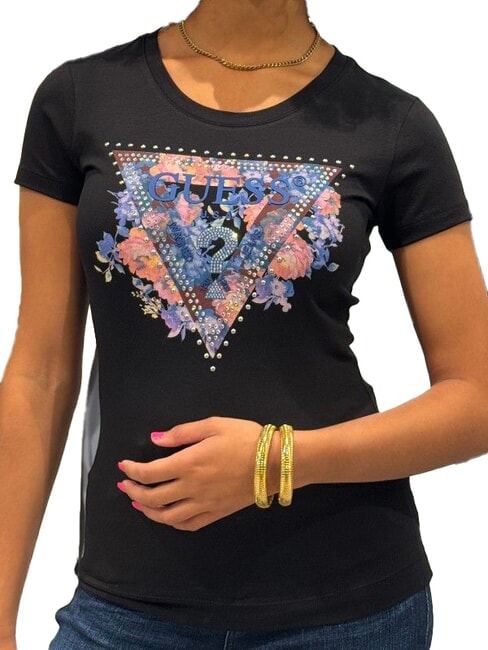 GUESS SS CN PEONY TRIANGLE Kurzarm-T-Shirt mit Aufdruck jetbla - T-Shirts und Tops für Damen
