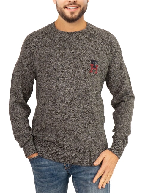 TOMMY HILFIGER TH Rundhals-Baumwollpullover mit Logostickerei schwarz / mittelgrau htr - Herrenpullover