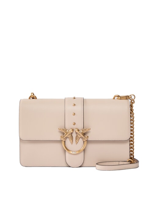PINKO LOVE ONE CLASSIC Umhängetasche aus Leder mit Überschlag Beige-Rauchgrau-Antikgold - Damentaschen