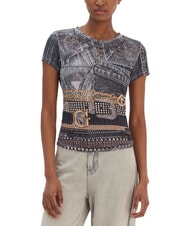 GUESS BELT WRAPPED Schmal geschnittenes T-Shirt mit Allover-Print pechschwarz multi - T-Shirts und Tops f&uuml;r Damen - 1