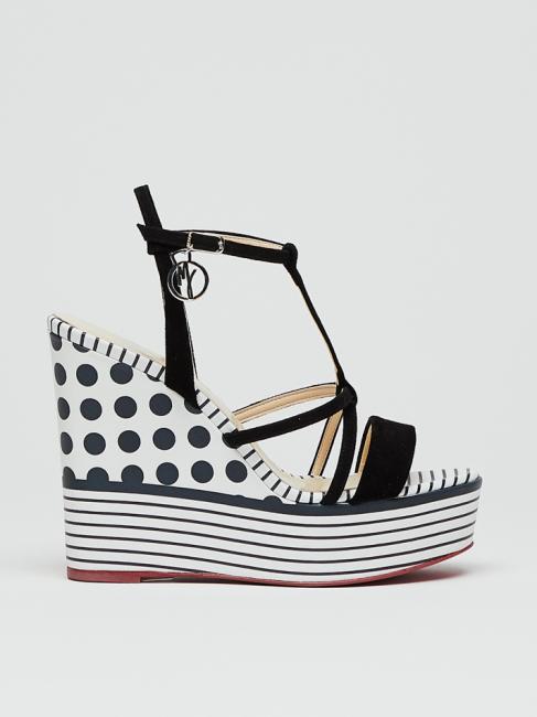 Zeppa a pois e righemitfasce in Haut Keilabsatz mit Polka-Dots und Streifen sowie Lederb&auml;ndern wei&szlig; schwarz - Damenschuhe