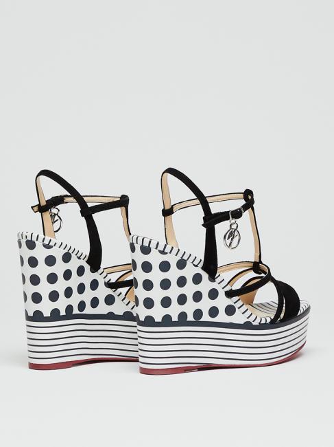 Zeppa a pois e righemitfasce in Haut Keilabsatz mit Polka-Dots und Streifen sowie Lederb&auml;ndern wei&szlig; schwarz - Damenschuhe