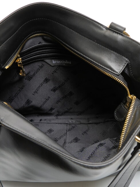 SOFIA Umh&auml;ngetasche aus Leder mit kleinen Blumen Schwarz - Damentaschen