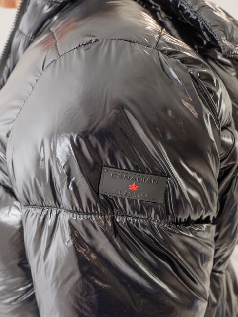 MINGAN Kurze glänzende Daunenjacke mit Kapuze recyceltes glänzendes Schwarz - Daunenjacken für Damen