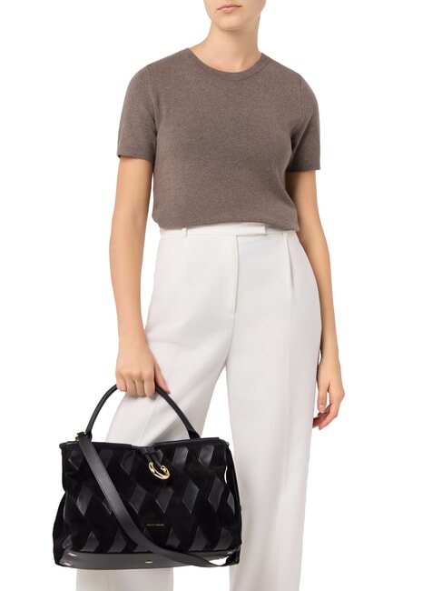 LISBET GEOMETRIC PATCH Lederhandtasche mit Schultergurt Schwarz - Damentaschen