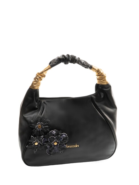 SARA Hobo-Schultertasche aus Leder mit Blumen Schwarz - Damentaschen