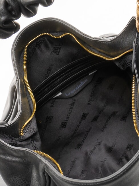 SARA Hobo-Schultertasche aus Leder mit Blumen Schwarz - Damentaschen