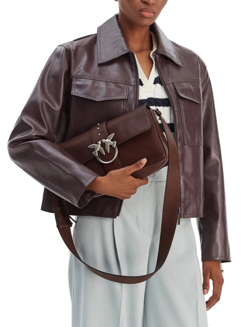 LOVE ONE Schultertasche aus Leder braun-kastanienbraun matt silber - Damentaschen