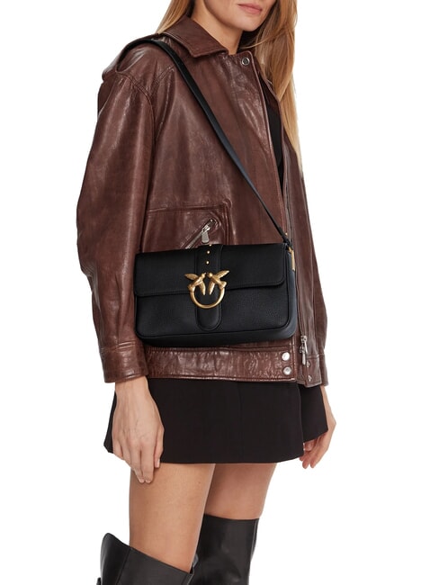 LOVE ONE Schultertasche aus Leder mit &Uuml;berschlag schwarz-antikgold - Damentaschen