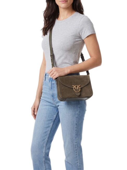 LOVE SATCHEL Mini-Schultertasche aus Leder Dunkelolivgr&uuml;n-Antikgold - Damentaschen